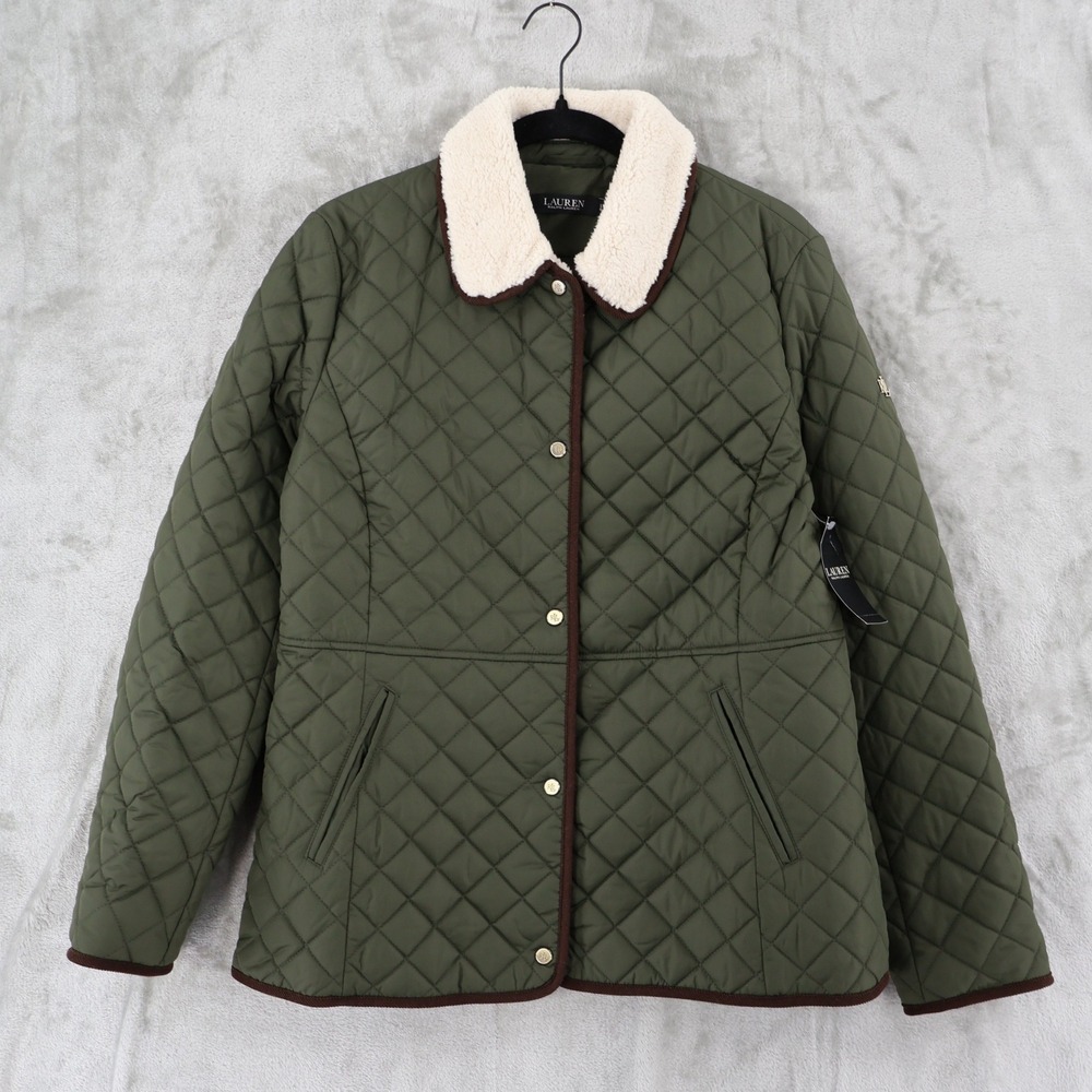 Lauren Ralph‎ Lauren Faux-Sherpa-Collar Quilted Coat Women L Green Jacket NWT